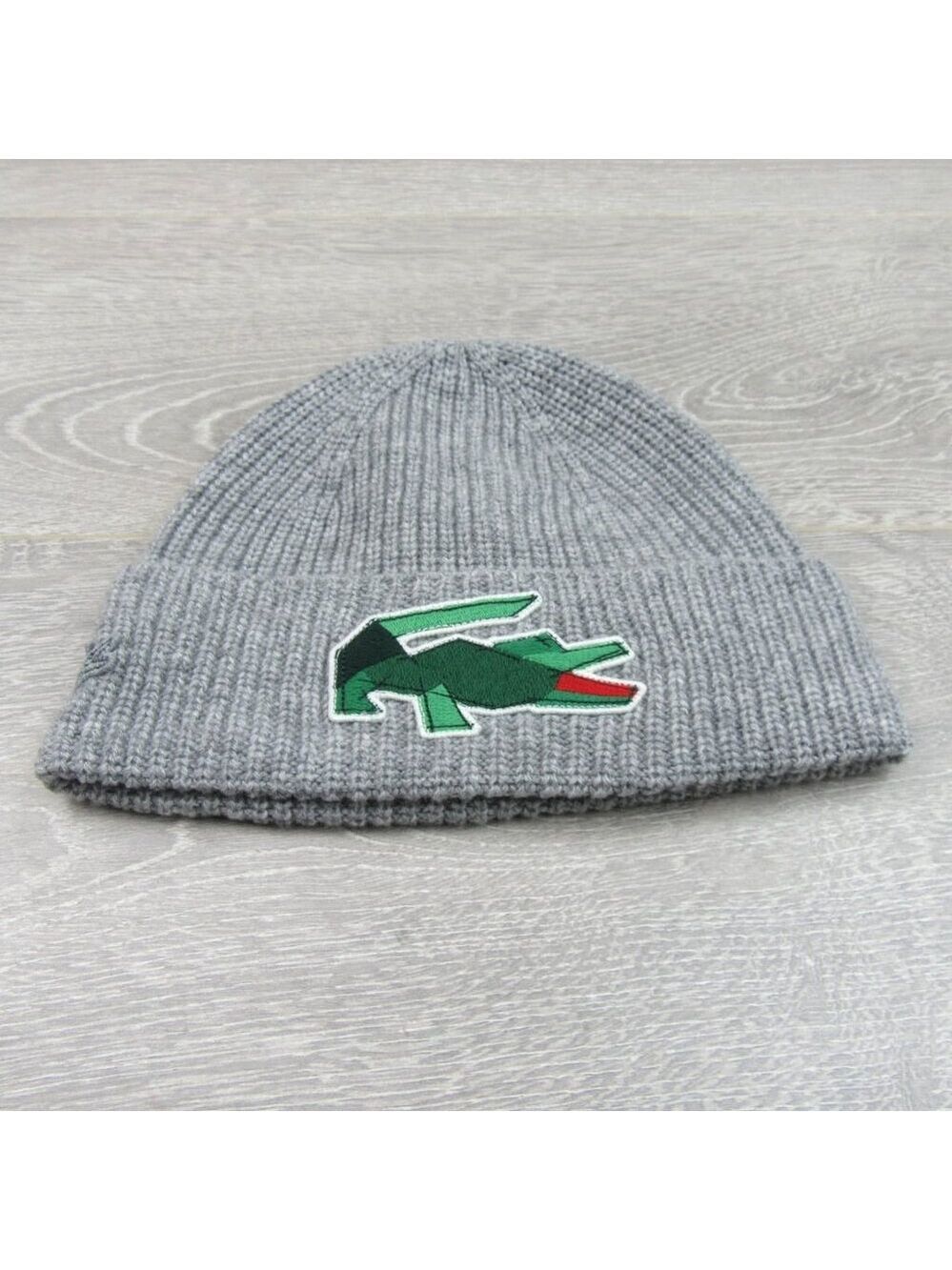 Lacoste Crocodile Big Patch Grey Wool Beanie Cap One Size NEW - Picture 5 of 13